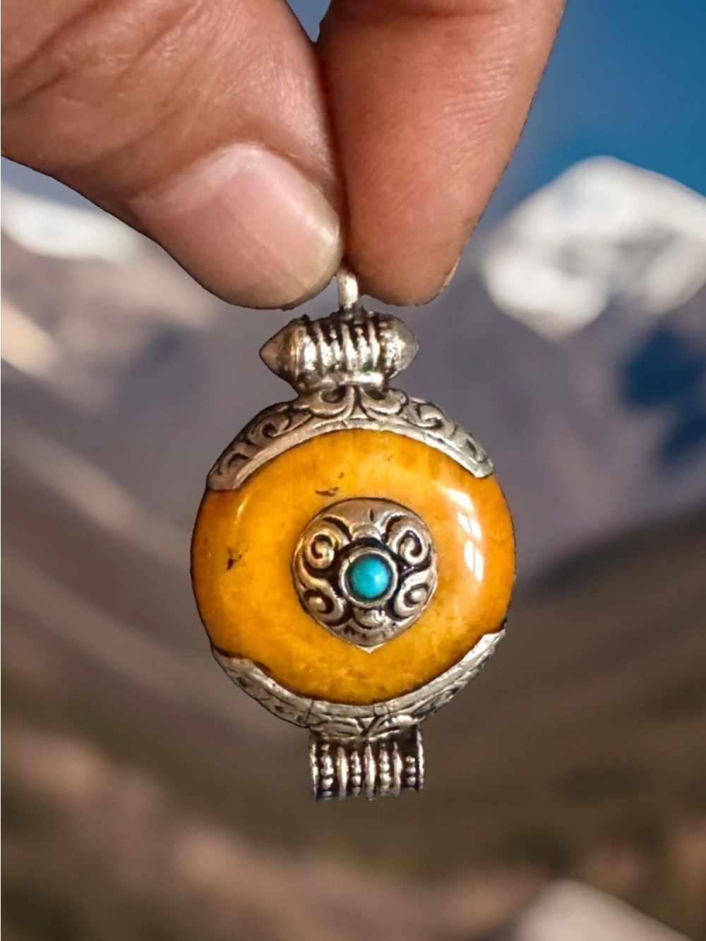 Handcrafted Traditional Tibetan Silver,Amber Resin,Turquoise Pendant 1.75”in,8gr